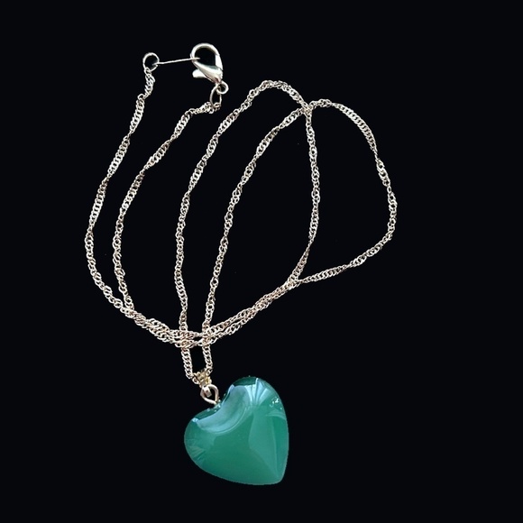 3-D Heart of Glass Pendant Necklace Exotic Jade Water Wave Gold Plate Chain - Picture 3 of 9